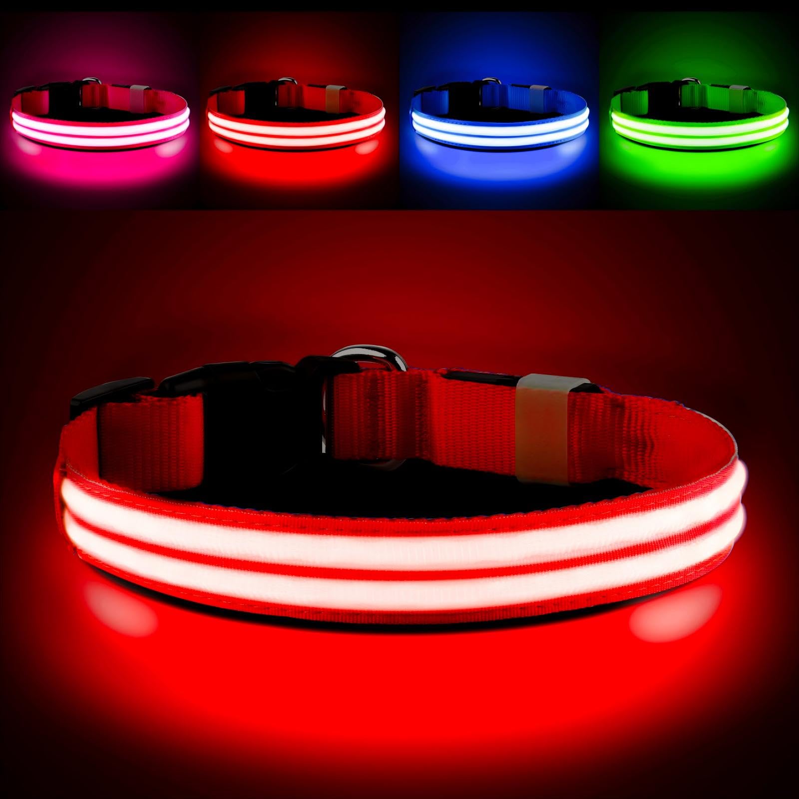 PcEoTllar Light Up Dog Collar - Rechargeable, Waterproof, Adjustable LED Collar for Night - Flashing, Glowing for Small Medium Large Dogs - Red-L
