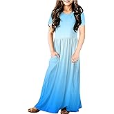 Deerose Girls Maxi Dress Short Sleeve Gradient Dresses Floor Length Outfits 5-14 Years