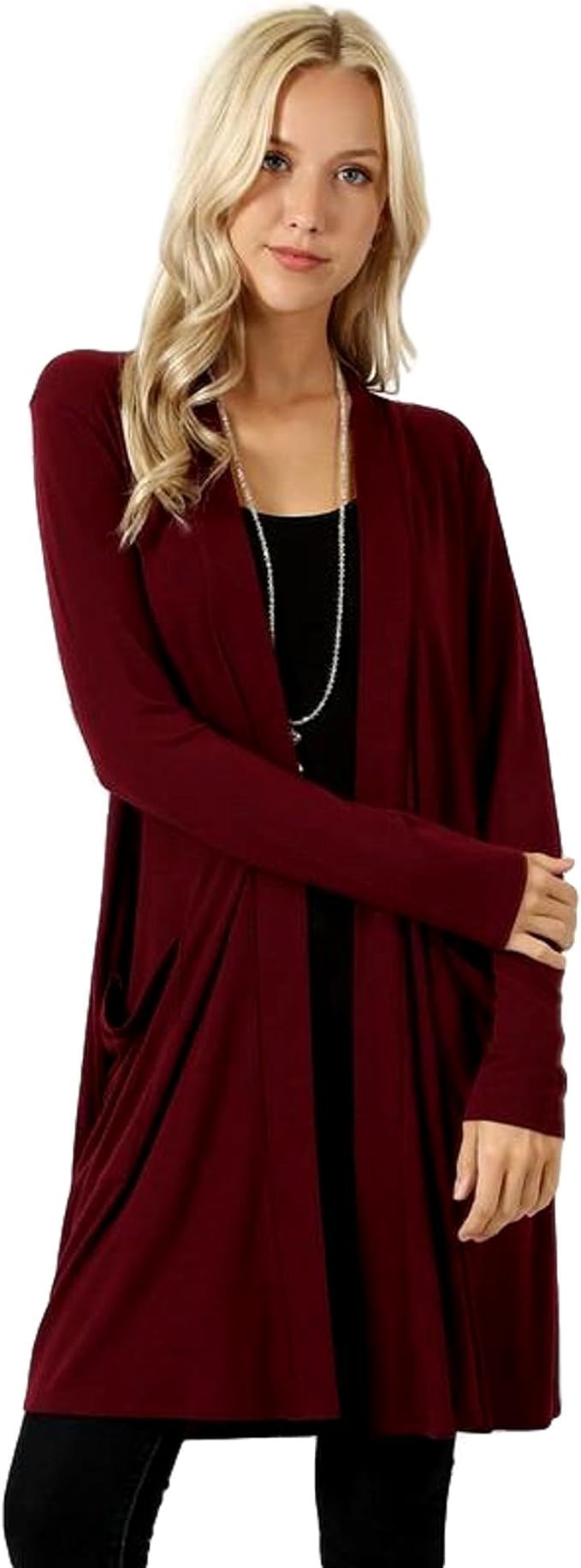 Zenana Sloucy Pocket Open Cardigan, Dark Burgundy - XL at Amazon Womenâs Clothing store