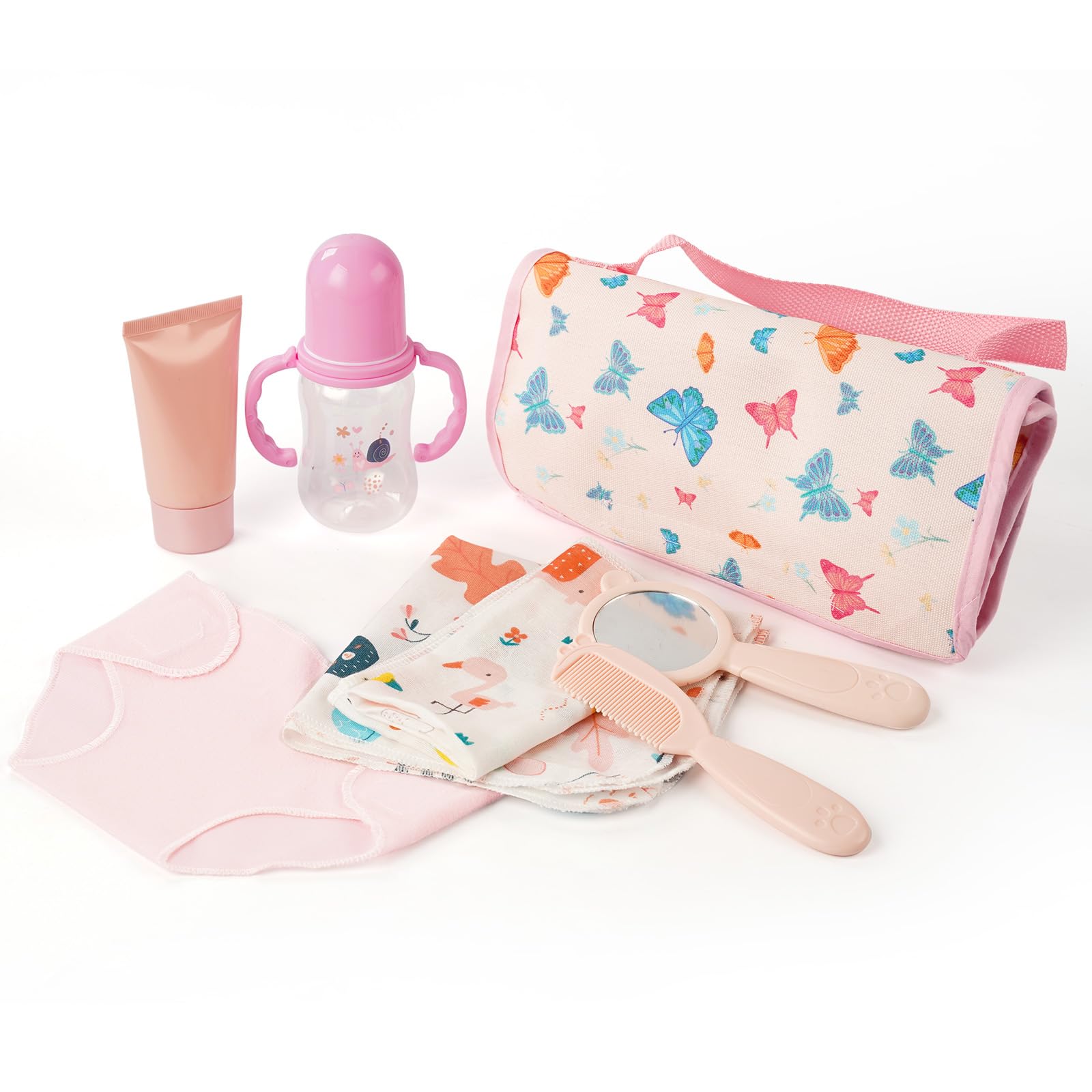 Photo 1 of BABESIDE 8 Pcs Reborn Baby Doll Accessories Set – Doll Diaper Bag with Bottle, Diapers, Comb, Mirror, Skincare, Towel – Baby Doll Care Kit for 17–22'' Dolls Girls Gift