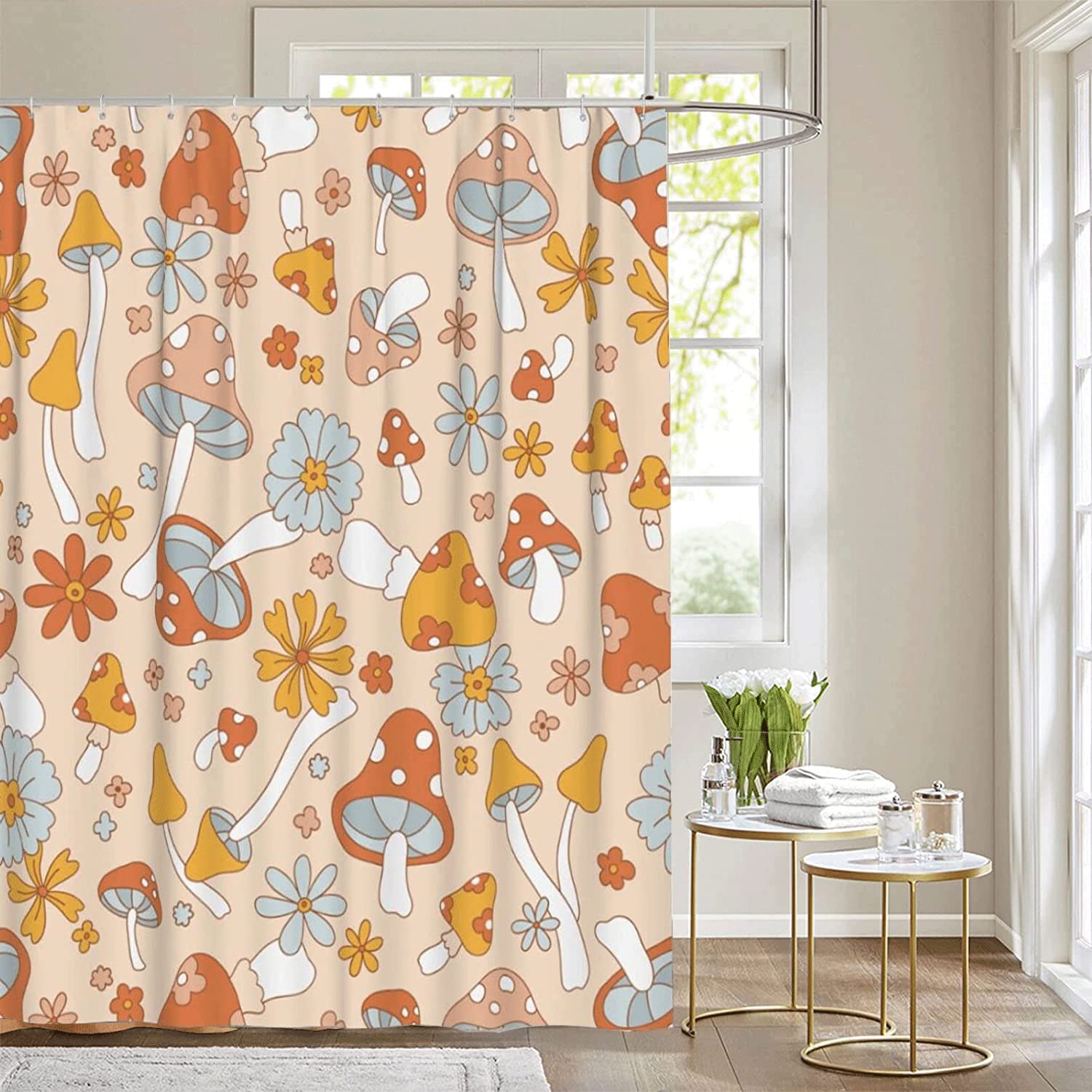 Inshere Retro Hippie Mushroom Shower Curtain for Bathroom with 12 Hooks, Cute Funky Boho Shower Curtains Set for Bathroom Decor 72x72 Inch Waterproof Fabric