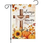 Wodison Fall Garden Flag 12x18 Inch Double Sided Outside, Always Loved Never Forgotten Cross Memorial Sunflowers Pumpkins Decorative Flag Cemetery Yard Outdoor Decoration