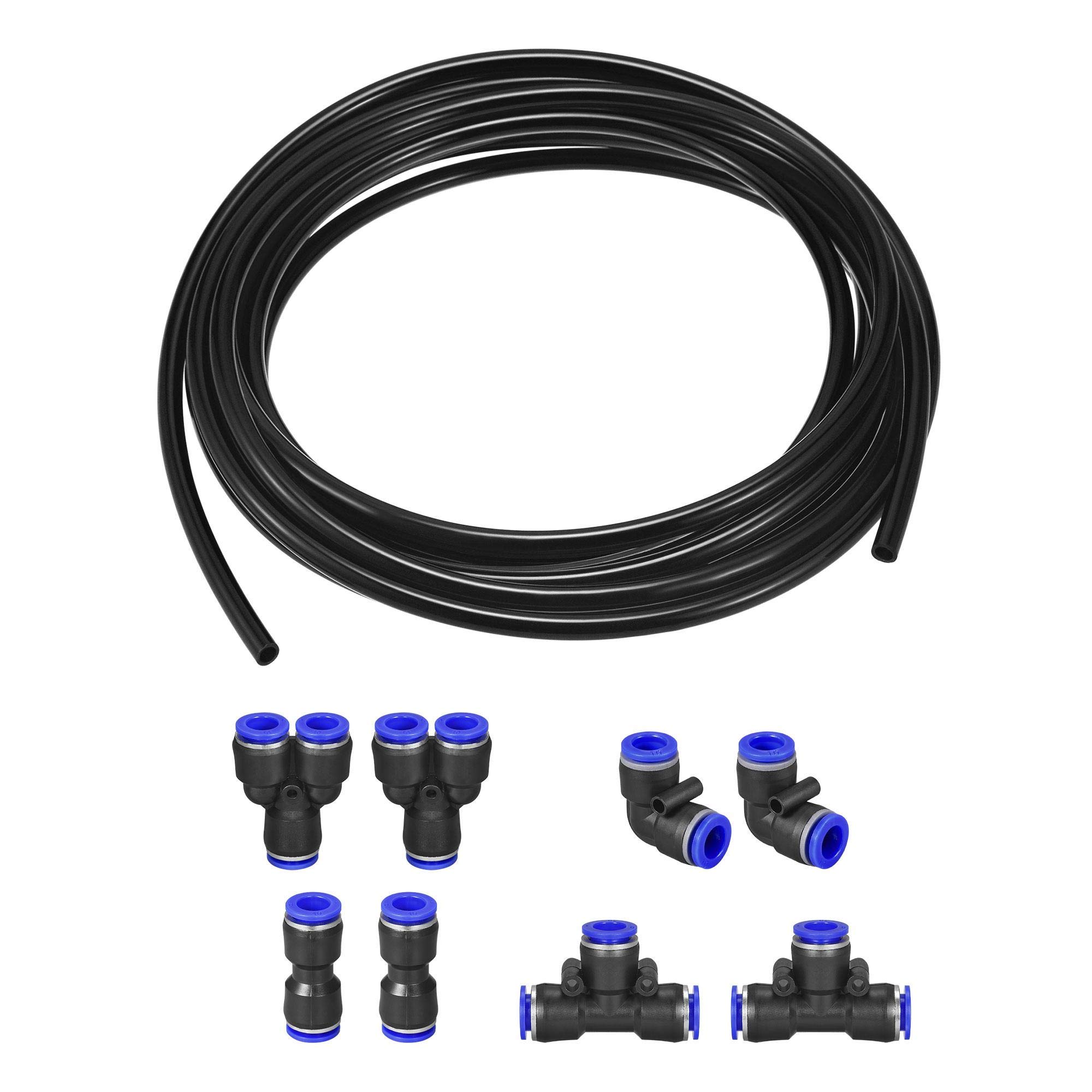 sourcing map Pneumatic Air Hose Tubing PU Air Compressor Tube 6.5mmID x 10mmOD x 10m Pipe Black with Connect Fitting Kit