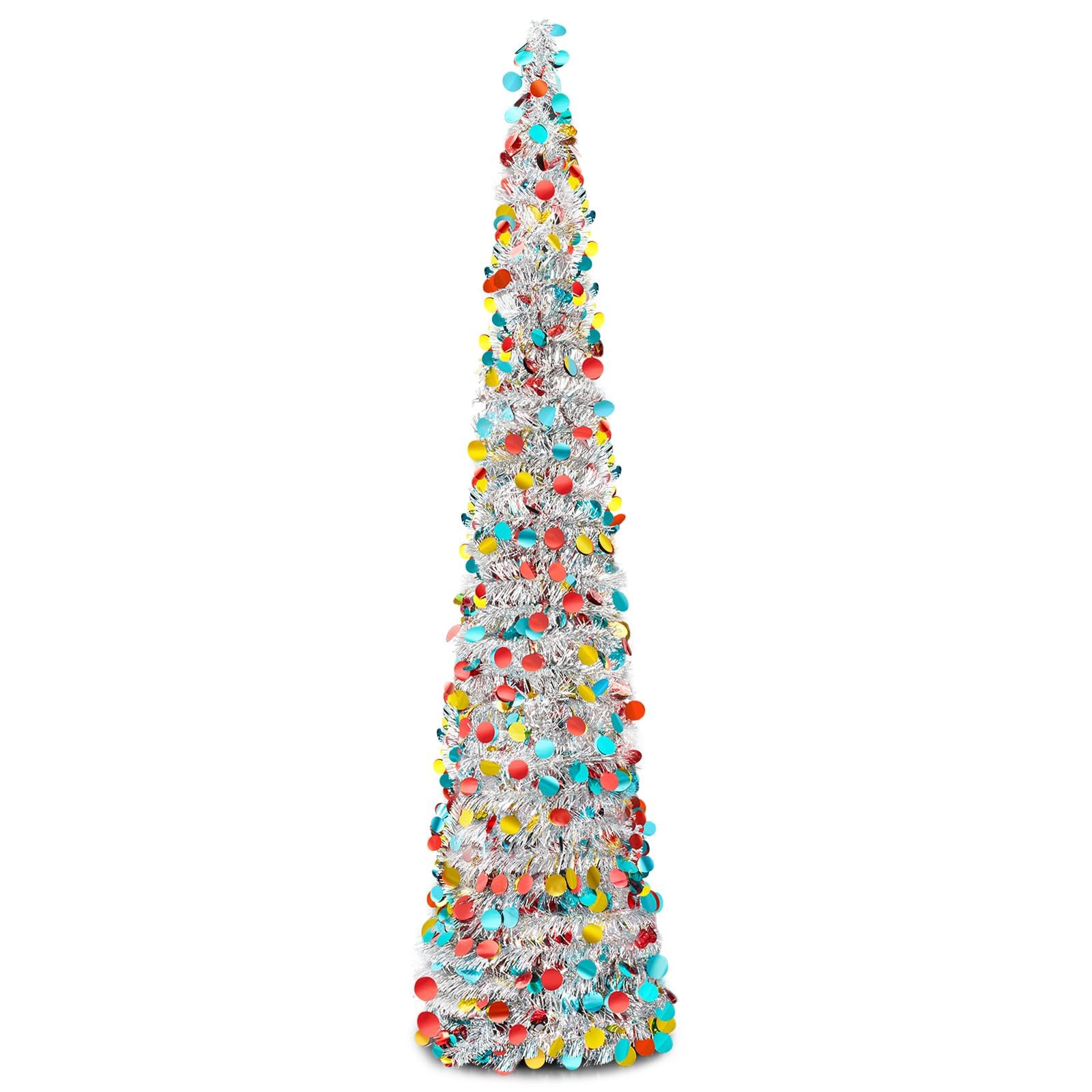Warmiehomy 5ft/150cm Collapsible Christmas Tree Glittering Pencil Christmas Trees with Sequin Artificial Pop up Tinsel Tree Christmas Decorations for Home, Store, Office, Silver