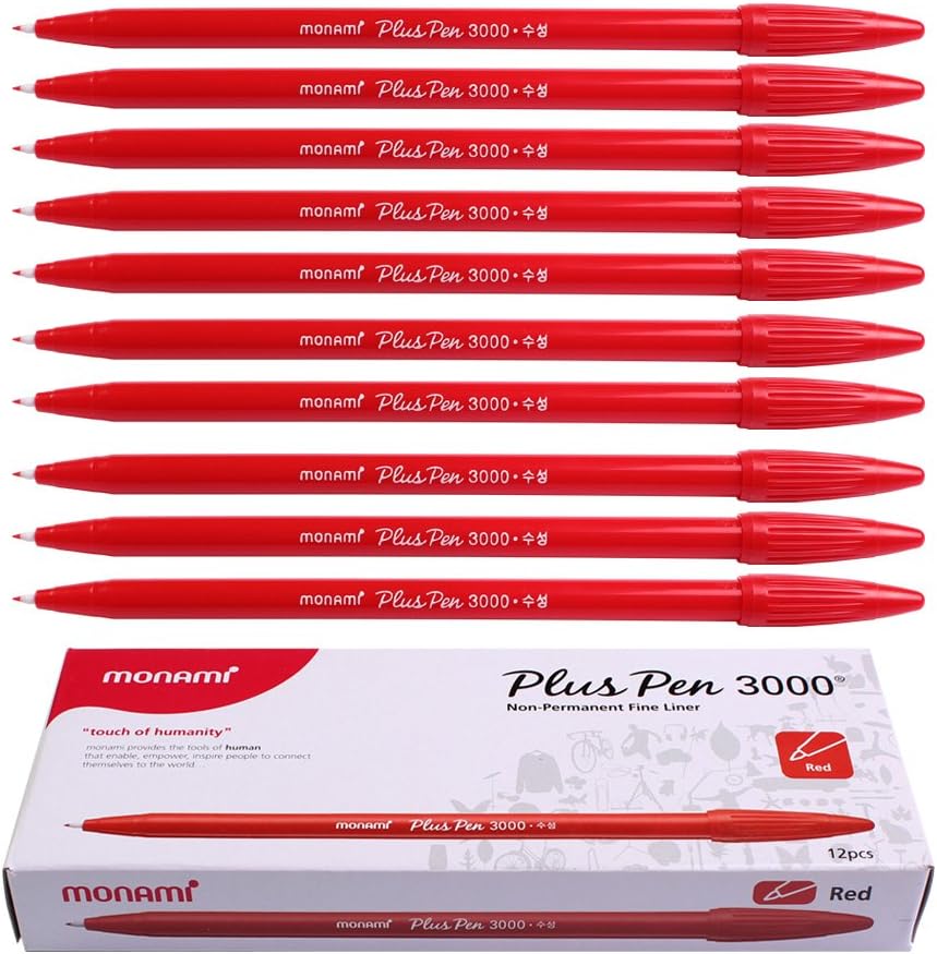Monami Plus 3000 Office Sign Pen Felt Tip Water Based Ink Color Pen Complete Red Dozen Box