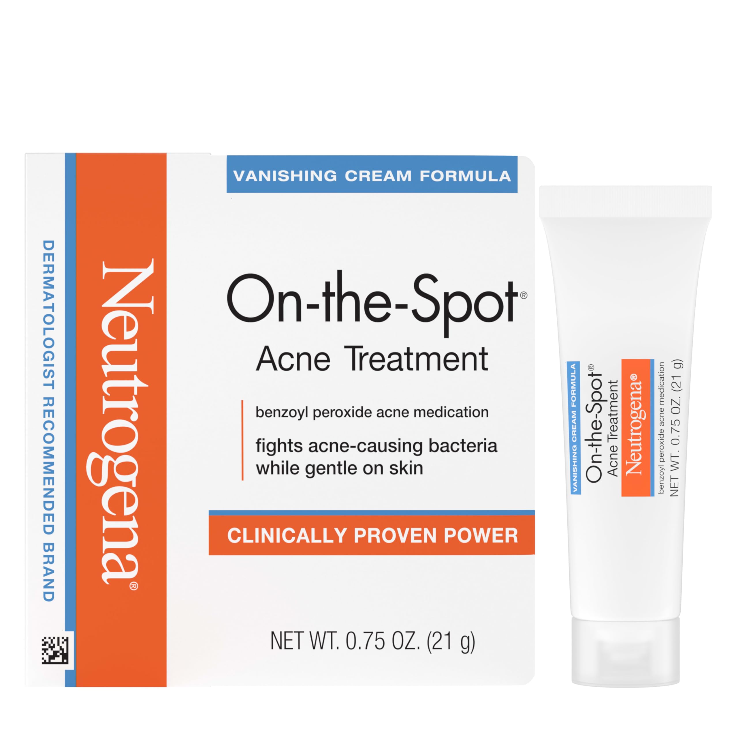 Neutrogena On-The-Spot Acne Spot Treatment Cream with 2.5% Benzoyl Peroxide, Gentle Face Blemish Medicine for Acne-Prone Skin, Vanishing Formula, Clinically Proven Day-1 Results, 0.75-Ounce Tube