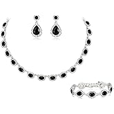 Crysdue Wedding Jewelry Set for Women Brides Oval Rhinestone Crystal Collar Necklace Link Bracelet Teardrop Pierced Dangle Earrings for Prom Party