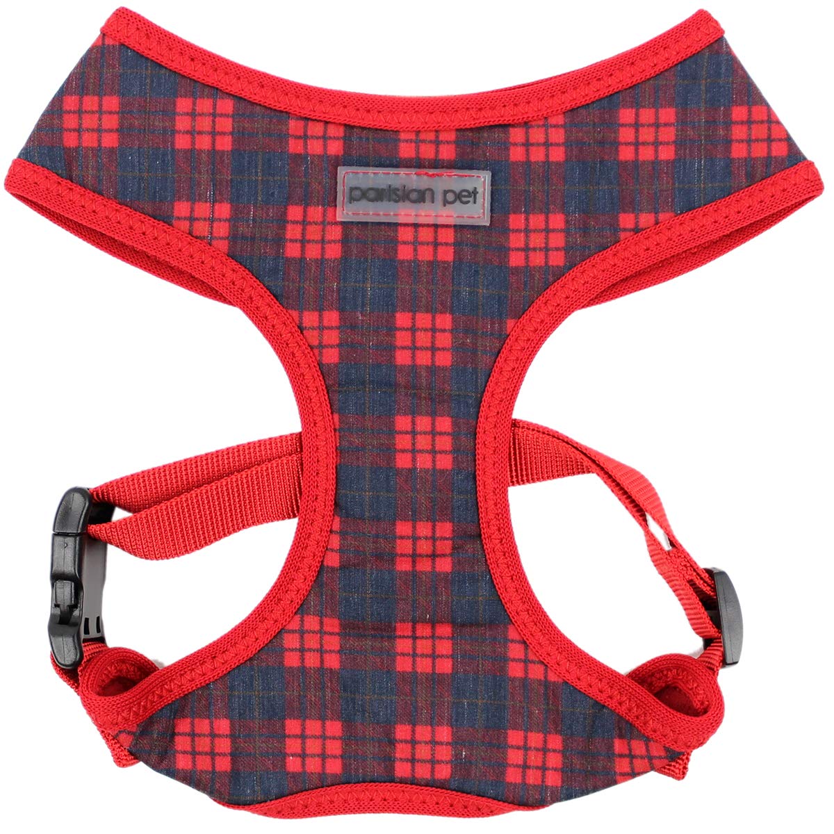 Parisian Pet Dog Cat Harness Step-in Vest, Plaid, Camo, Leopard, Polka Dot Dress (S, Plaid Red)