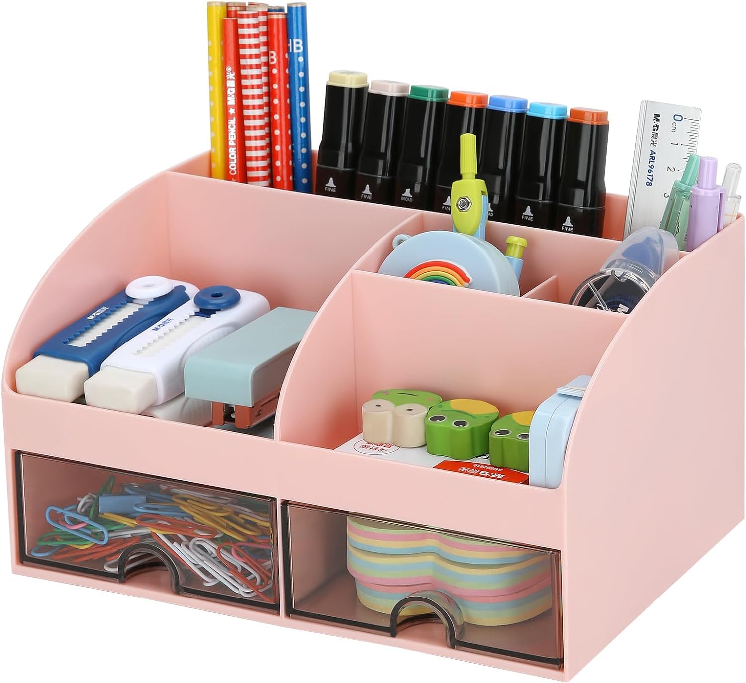 KAHEIGN Desk Organiser with 2 Drawers, 19CM x 14CM Multi-Functional Desk Tidy Organiser Large Capacity Pen Holder Makeup Organizer for Kids Teacher Gift Office School Home Table Decor (Pink)