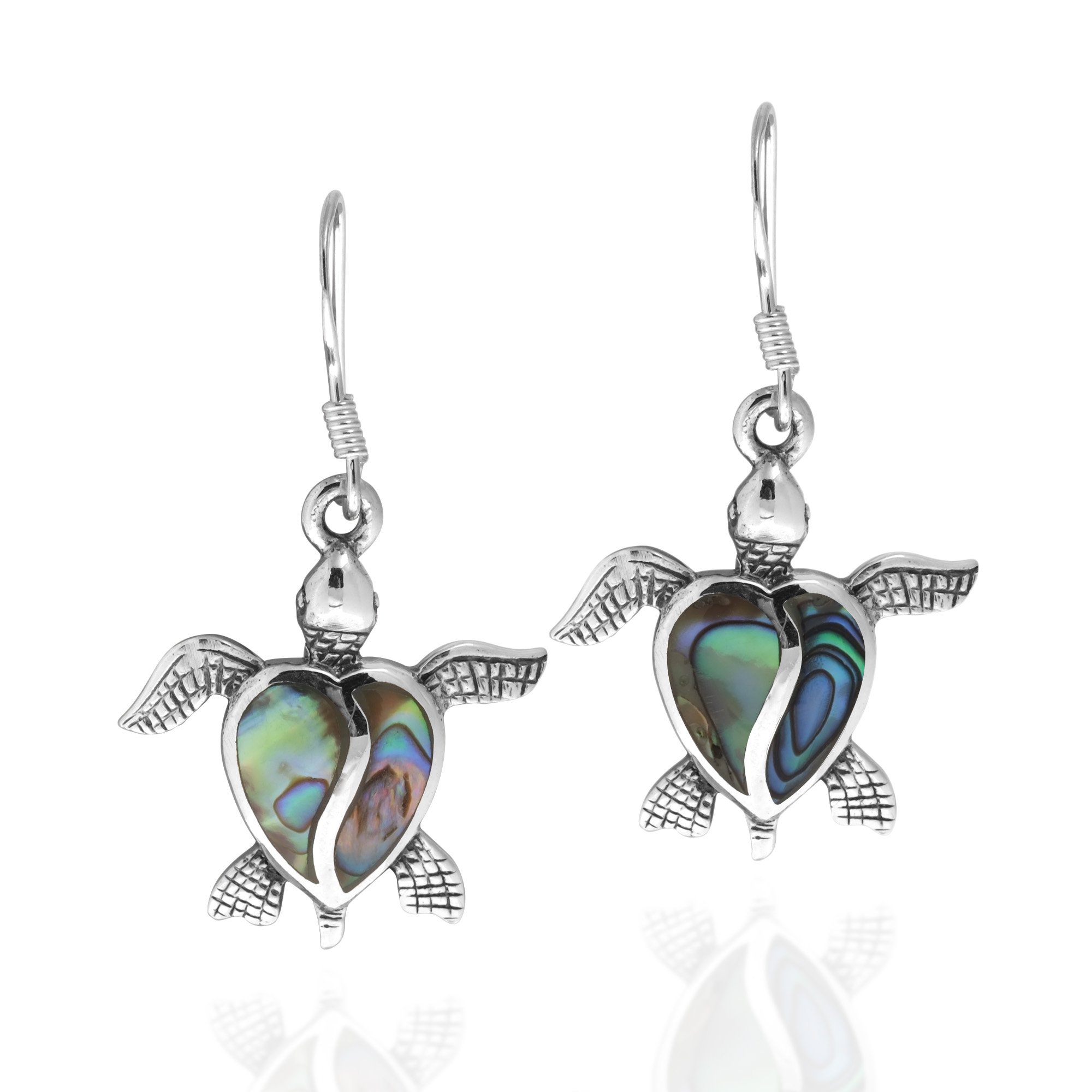 Aeravida Love Life Sea Turtle Heart Stone and Shell .925 Sterling Silver Dangle Earrings (Abalone)