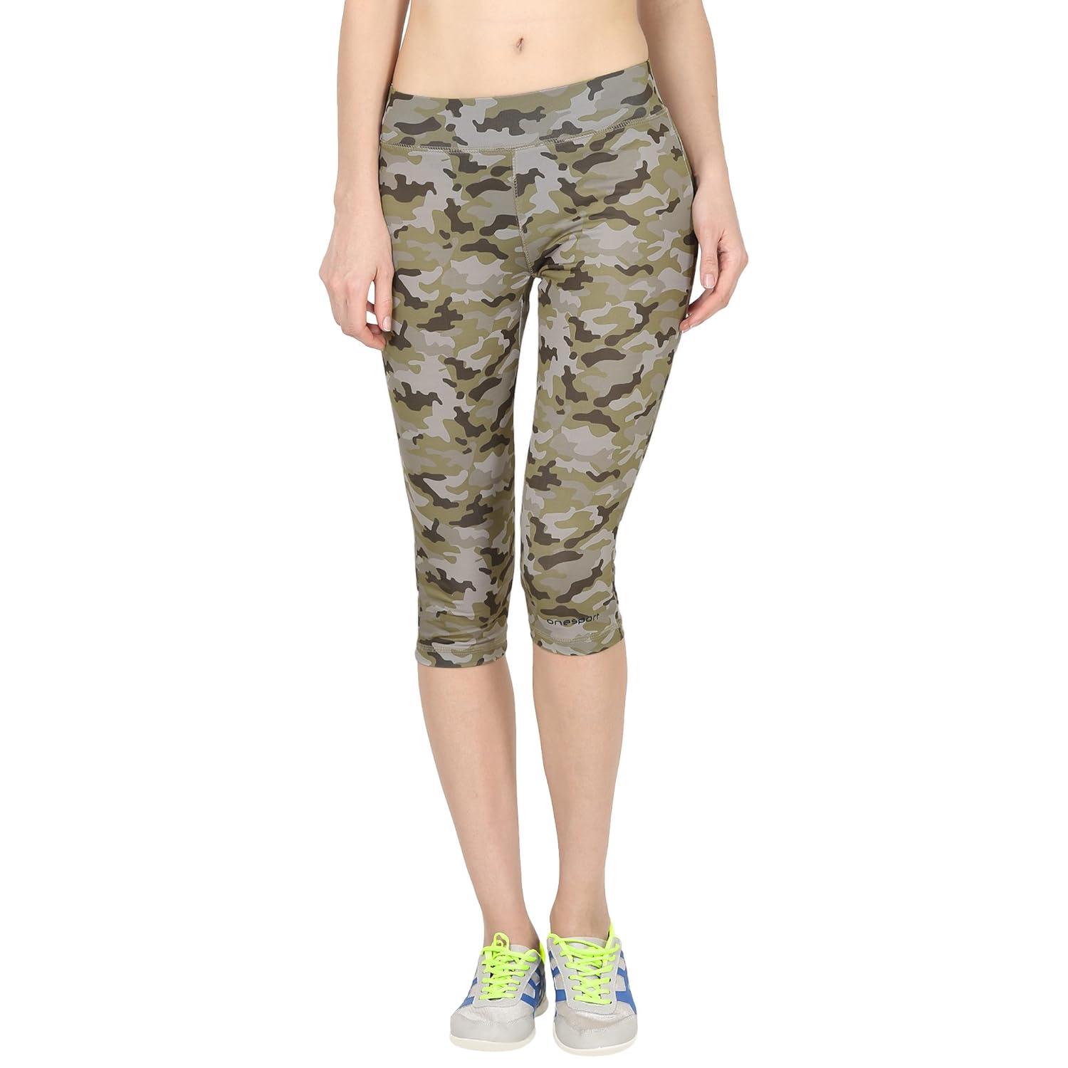 onesport military green & black slim fit sports capri for women(onsp39ck)