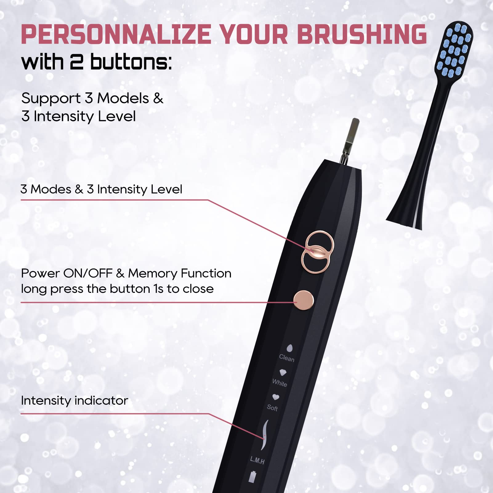 PERECT Sonic Electric Toothbrush for Adults, Electric Toothbrush with 8 Replacement Brush Heads, Black&Pink