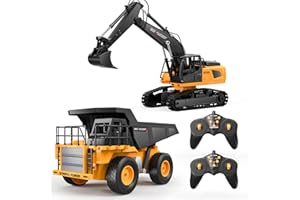 Ruko 1562 RC Excavator and Dump Truck Toy Set, 2.4GHz 9CH Remote Control Construction Vehicles with Lights & Sounds, Metal Bucket, 680° Rotation, Realistic 1:24 Scale Trucks for Kids