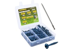 LIONMAX Pocket Hole Screws Assortment Kit, 450 PCS in 5 Sizes, 8 x 1, 1-1/4", 1-1/2", 2", 2-1/2", Blue Anti-Rust Coated Pocket Hole Screws for Exterior, Square Drive, 150MM Drive Bit Included
