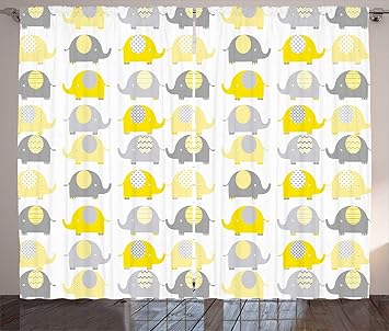 Ambesonne Nursery Curtains Yellow And Grey Elephant Cartoon Animals With Different Patterns Fauna Living Room Bedroom Window Drapes 2 Panel Set