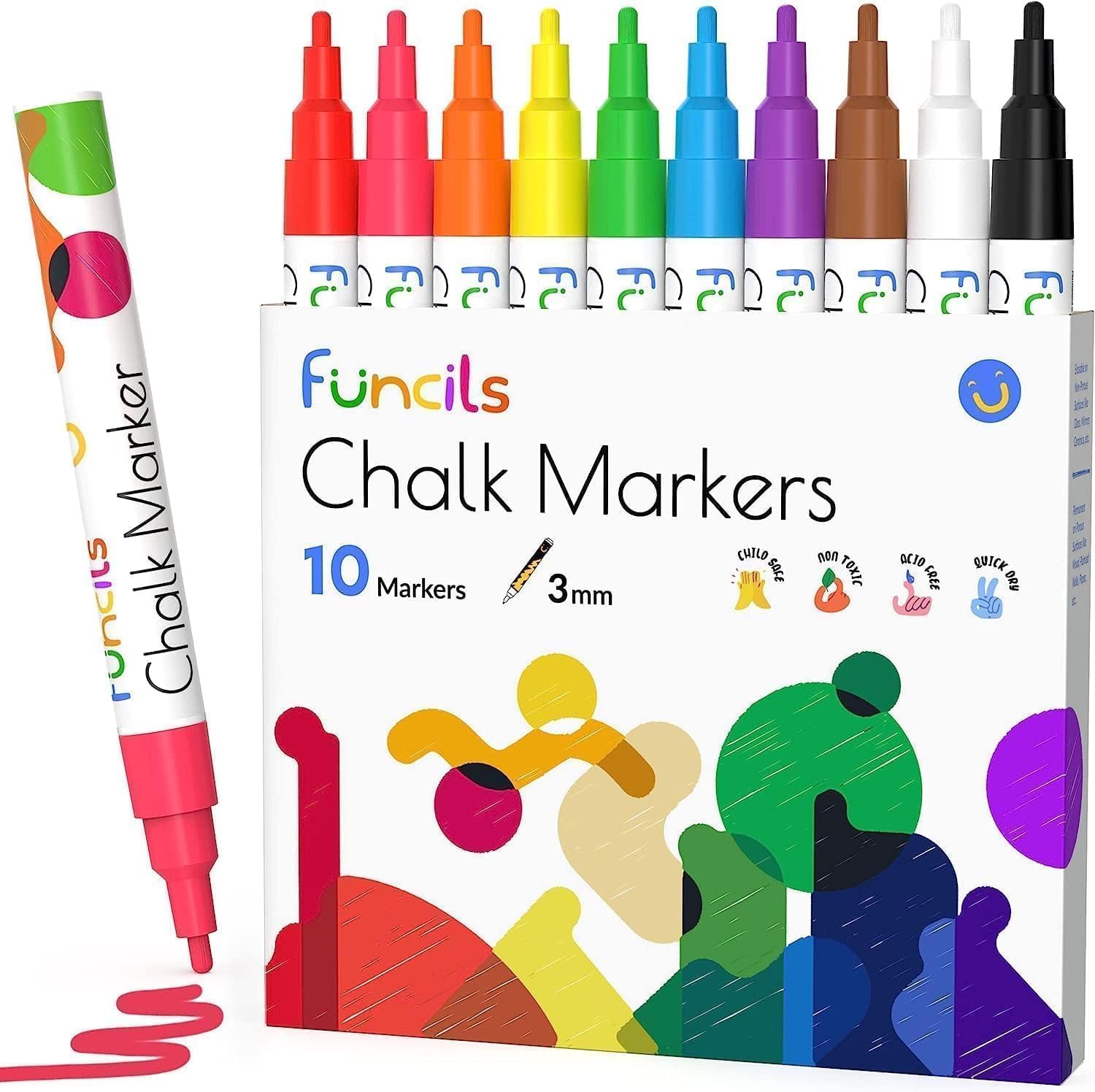 Funcils Fine Tip Liquid Chalk Pens for Blackboards, Chalkboard, Window, Labels, Glass (10 Pack, 3mm) - Wet Wipe Erasable Ink Chalk Board Pens - 3mm Reversible Tip Wipeable Chalk Markers