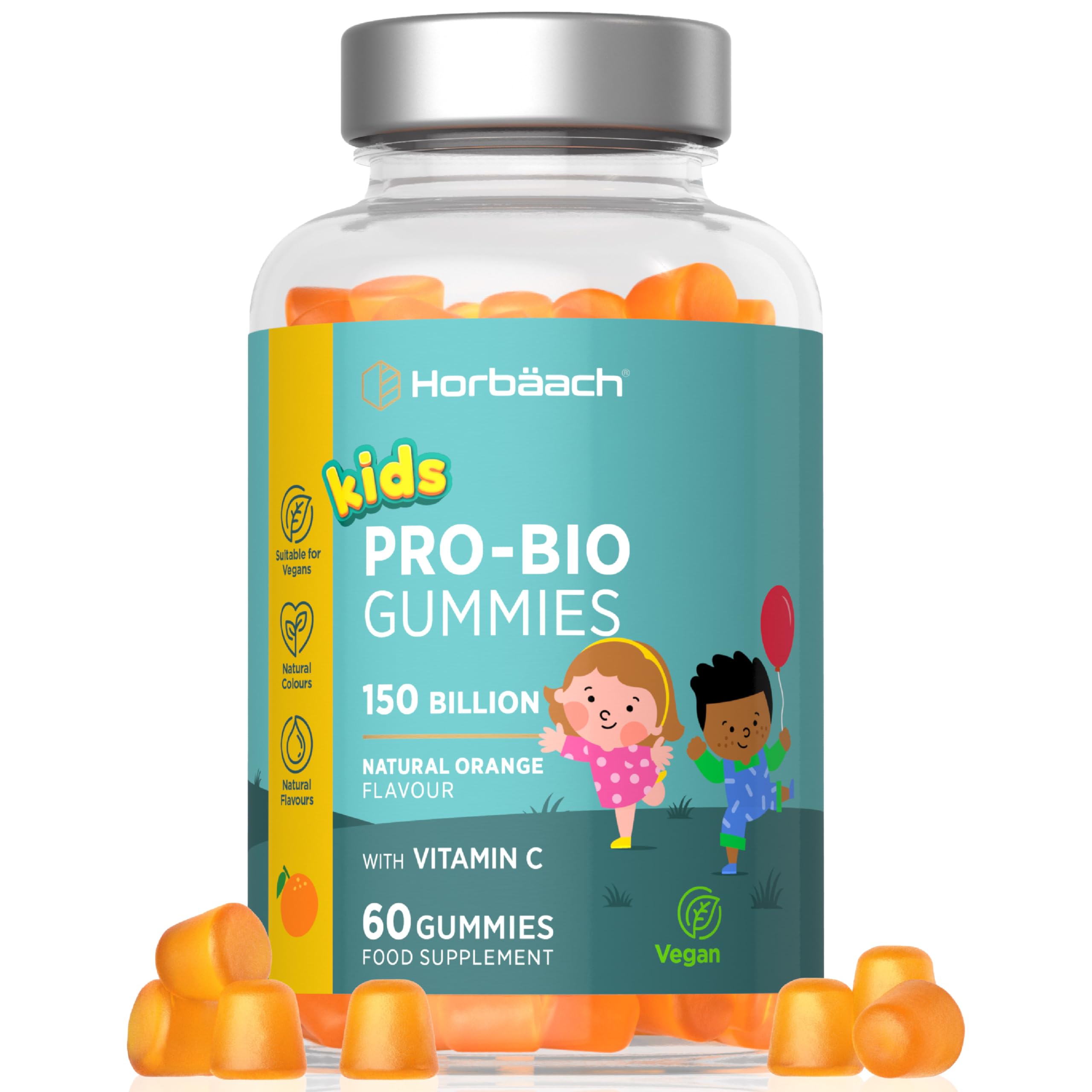 ProBio Gummies for Kids | 150 Billion Friendly Bacteria Per Bottle | 2-Month Supply | 2.5 Billion x 60 Orange Flavour Gummies | for Children Aged 4+ | Vegan | 60 Count | by Horbaach