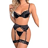 Falainetee Women's Sexy Lingeries Exotic Set Contrast Floral Lace Garter Lingerie Sets 4 Piece
