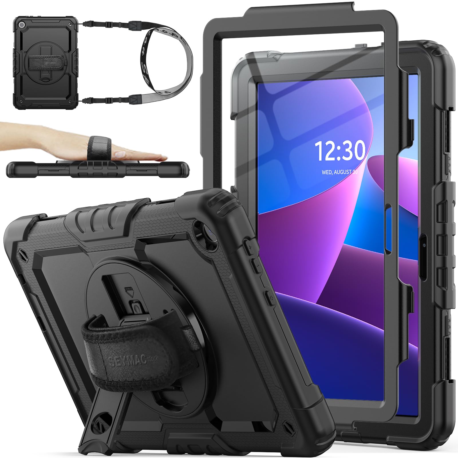 SEYMAC stock Case for Lenovo Tab M10 3rd Gen 10.1 Inch 2022 (TB-328FU/TB-328XU), Full-body Shockproof Case with Screen Protector, Pen Holder, 360 Rotating Stand/Hand Strap, Shoulder Strap, Black