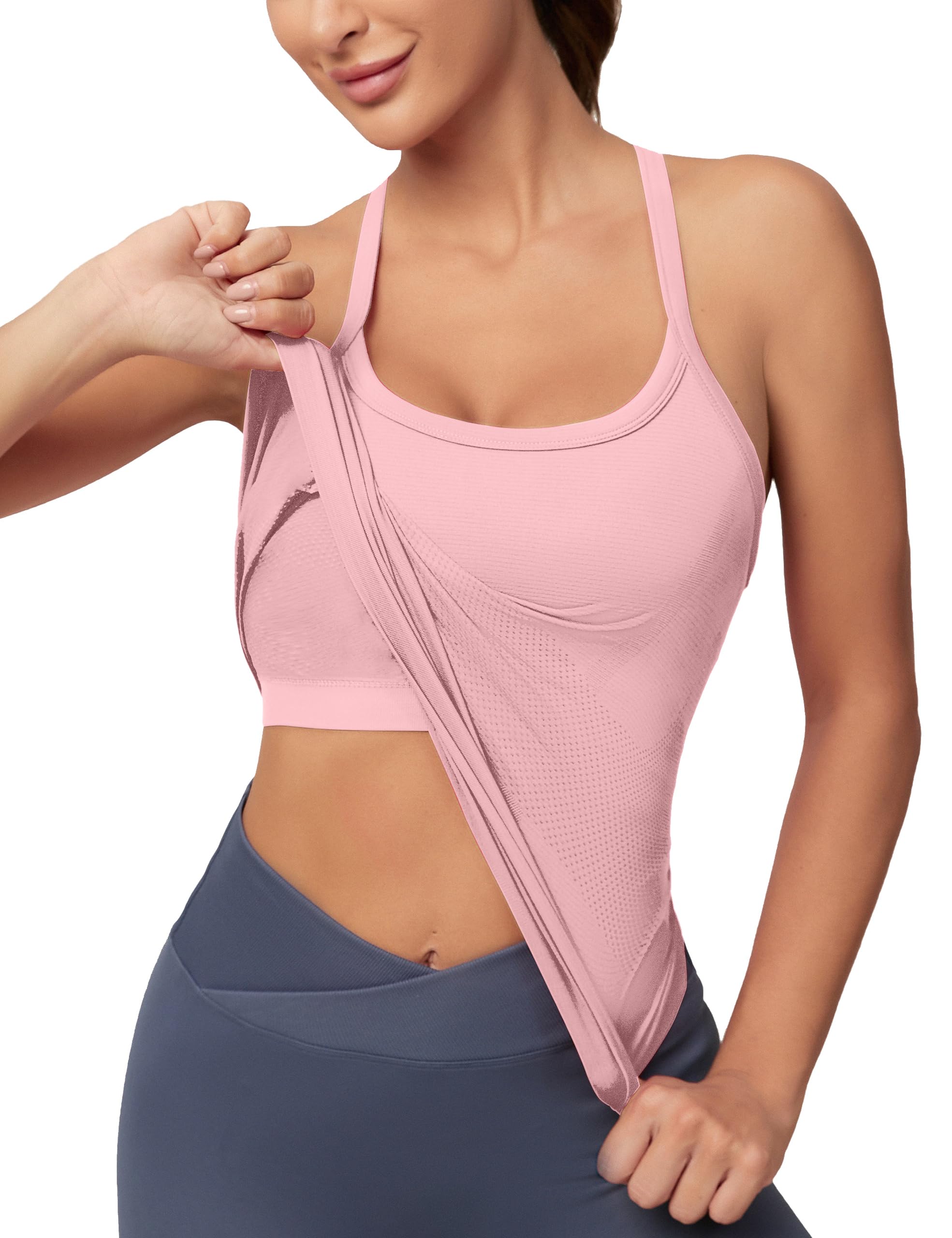 Photo 1 of MathCat Seamless Workout Tank Tops for Women with Built in Bra, Spaghetti Strap Padded Gym Tops, Racerback Sports Athletic Slim Yoga Shirts Camisole Pink