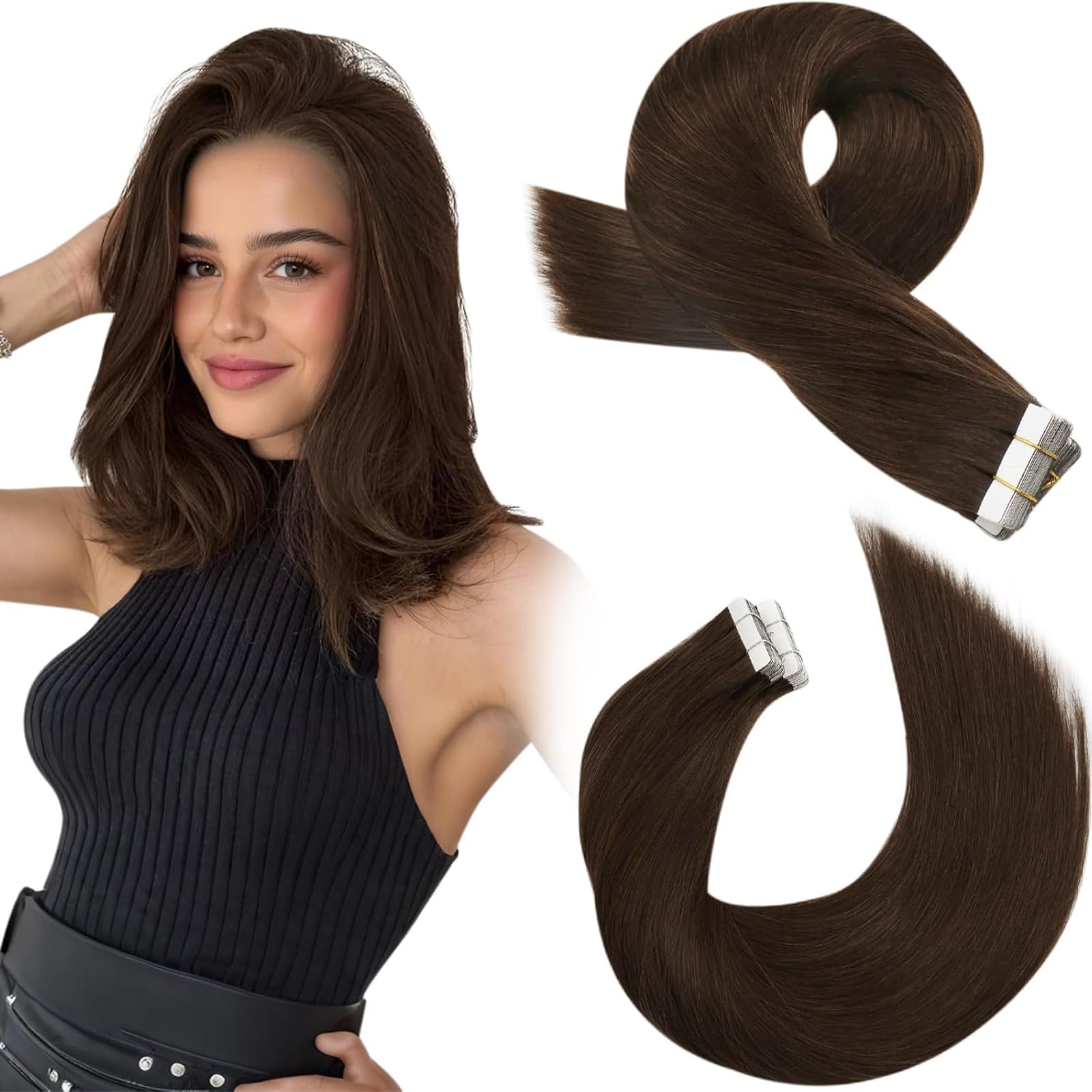 Moresoo Tape in Hair Extensions Human Hair Dark Brown Short for Bob Hair Remy Human Tape in Extensions Brown for Women Silky Hair Add Volume 10 Inch 20 Pieces/30g #4 — image 1