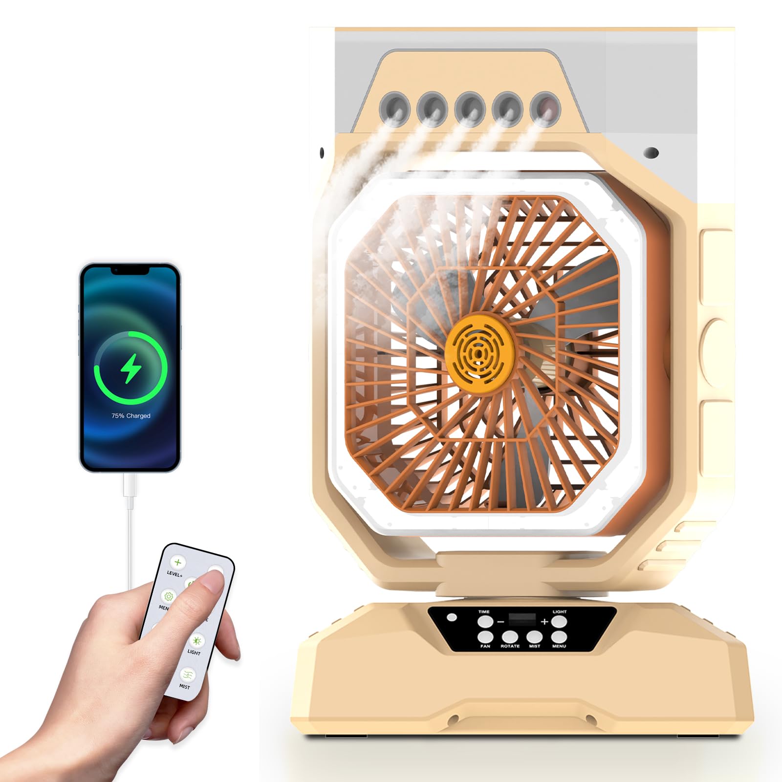 Photo 1 of Weljoy Desk Fan 5 Sprayers Rechargeable Misting Fan for Camping & Home – 6 Speed Portable Cooling Fan with Mist 560ml Water Tank Aromatherapy Diffuser Timer 27000mAh Fast-Charging Battery(Biege)