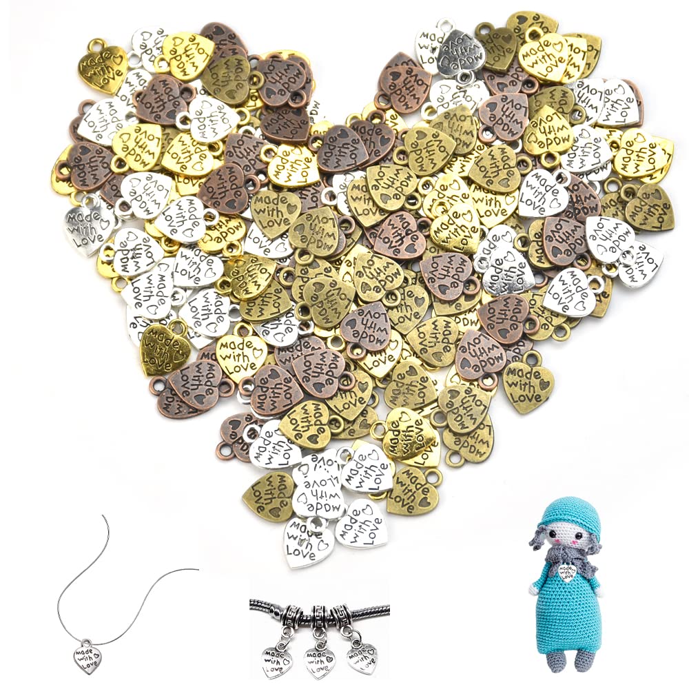 DIKEBAO Antique Heart Charm 200Pcs Made with Love Charm Pendant Tibetan Charms Pendants Handmade Buttons Metal Label Bronze Heart Pendant for Jewelry Making Necklace Bracelet Making Accessory,4 Colour