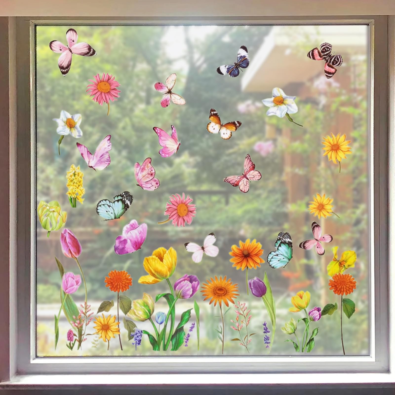 Set of 9 Garden Flower Window Decals,Spring Summer Window Stickers,Tulips Flower Window Clings,Double Sided Window Clings,Anti-Bump Window Stickers,for Furniture Glass, Doors and Windows