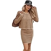Sumleno Womens 2 Piece Striped Sweater Skirt Sets Trendy Button Down Long Sleeve Knit Cardigan Tops Bodycon Mini Skirt Set