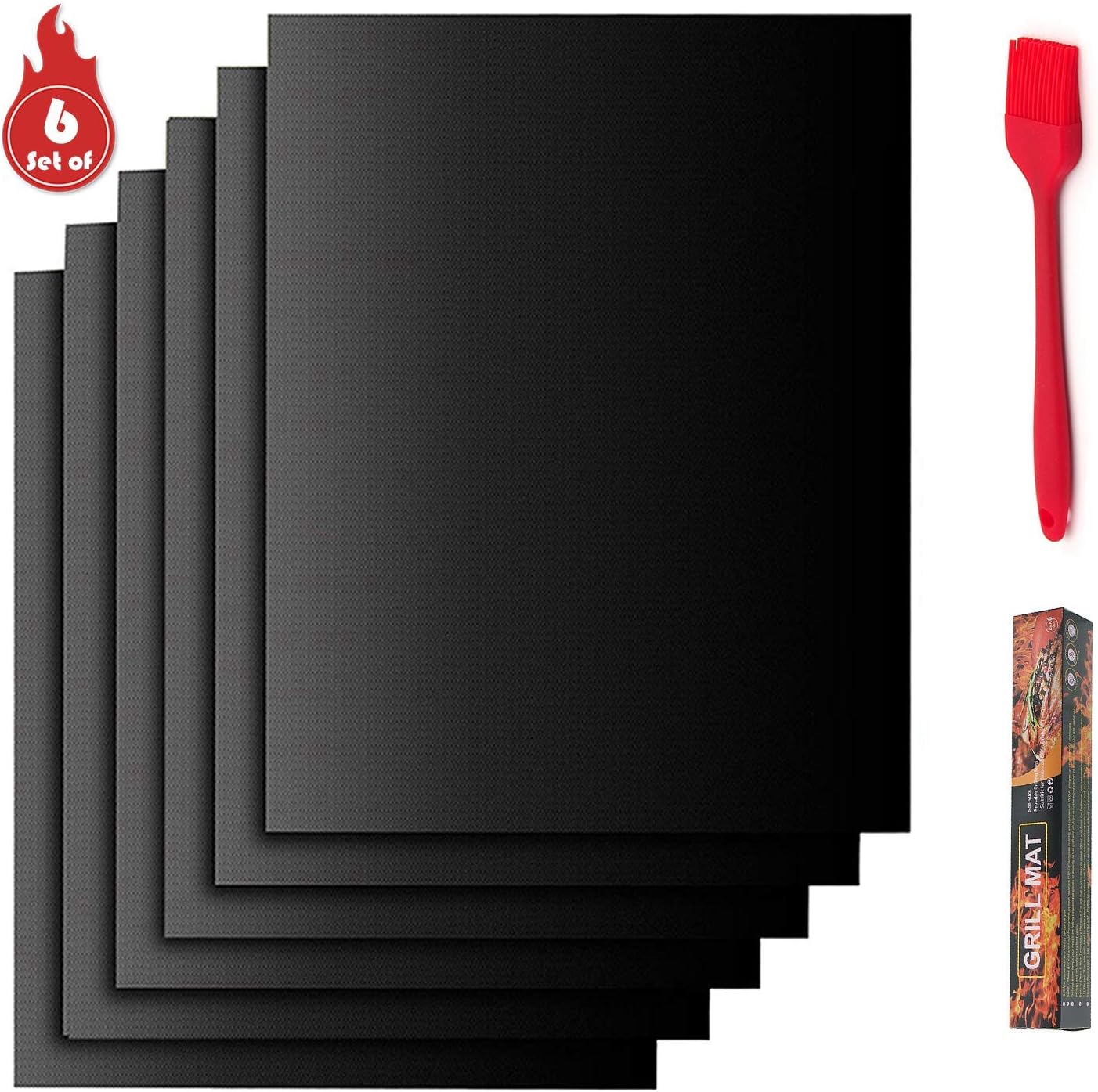ZAIROU BBQ Grill Mat Set of 6 with 1 Basting Brush - Heavy Duty 600 ºF 100% Non-Stick Grill Mats, Reusable, and Easy to Clean Barbecue Grilling Accessories, 15.75 x 13 Inch