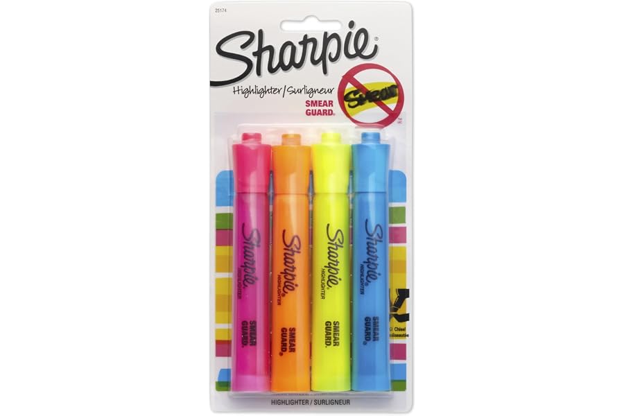 Sharpie Tank Highlighters, Chisel Tip, Assorted Colours, 4 Count