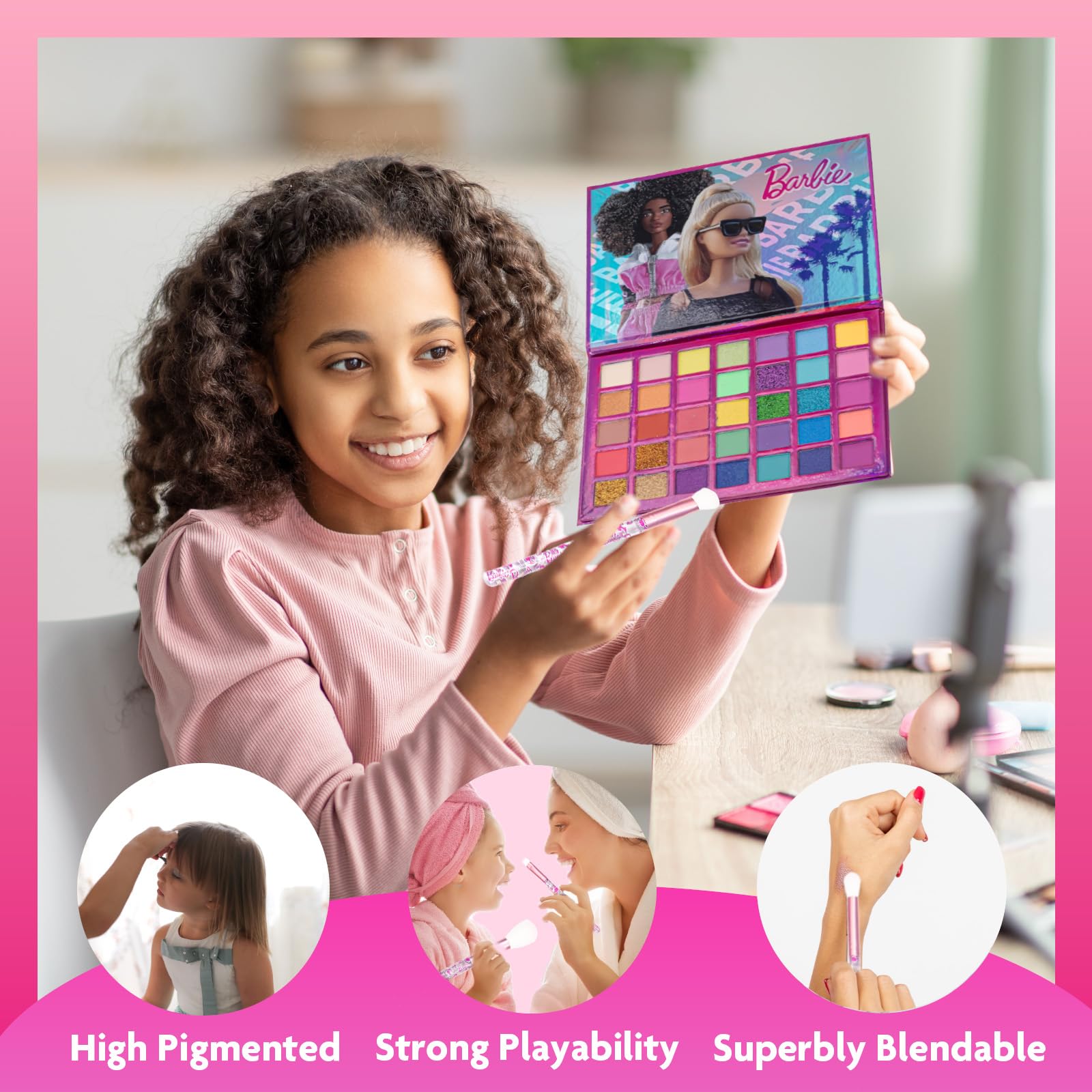 Barbie 35-Well Shadow Palette, Shimmery and Opaque Colors, Pigmented Blendable, 8 Application Brushes Ages 8+, Perfect for Parties, Sleepovers & Makeovers, By Townley Girl