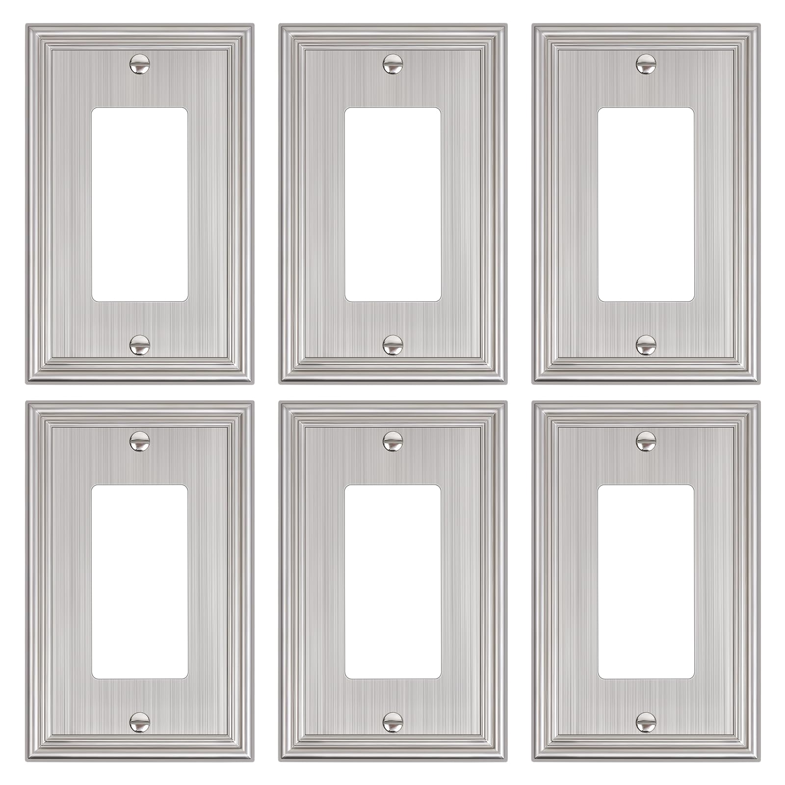 Photo 1 of 6-Pack Decorator Outlet Cover Plate, Brushed Nickel Decorative Switch Plates and Outlet Covers, Durable Zinc Alloy Wall Plates for Electrical Outlets, Receptacle, GFCI Outlet, Dimmer Switch