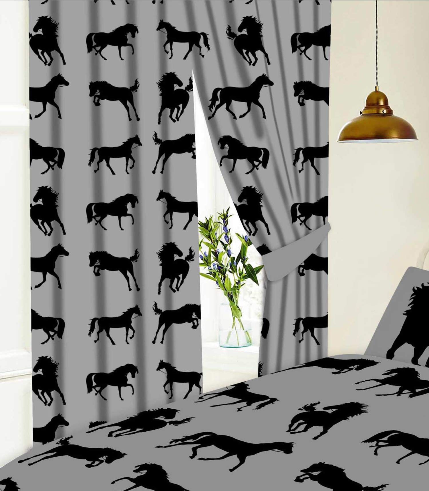 KIDZ KOLLECTIONZ 66" x 72" Horses Grey Curtains With Tie Backs, Pencil Pleat, Novelty Kids Pony Equestrian Show Silhouette, Black Charcoal