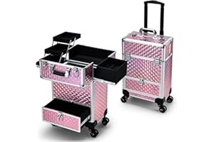 HODODOU Rolling Makeup Case with Drawer Cosmetology Case on Wheels Makeup Trolley Sliding Drawer Makeup Travel Case for Esthetician, Mobile Stylist, Manicurist Barber Case Traveling Cart Trunk Glitter Pink