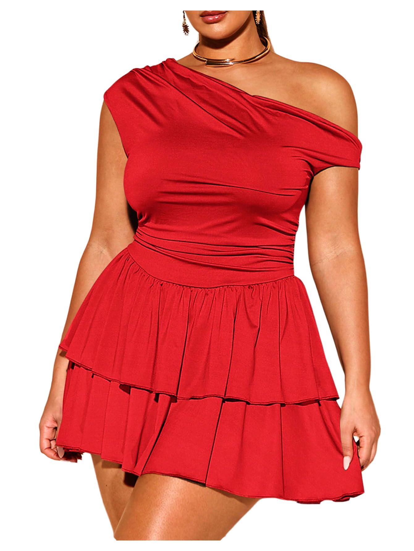 Photo 1 of MakeMeChic Women's Plus Size Fall Dress Asymmetrical Neck Mini Dress Ruffle Tiered Cocktail Dresses Red X-Large Plus