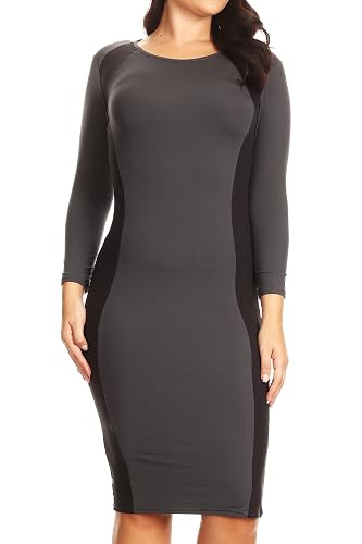 ICONOFLASH Women's Colorblock Bodycon Midi Dress – 3/4 Sleeves, Curve-Hugging Fit, Soft Jersey, In Red (Size Small)