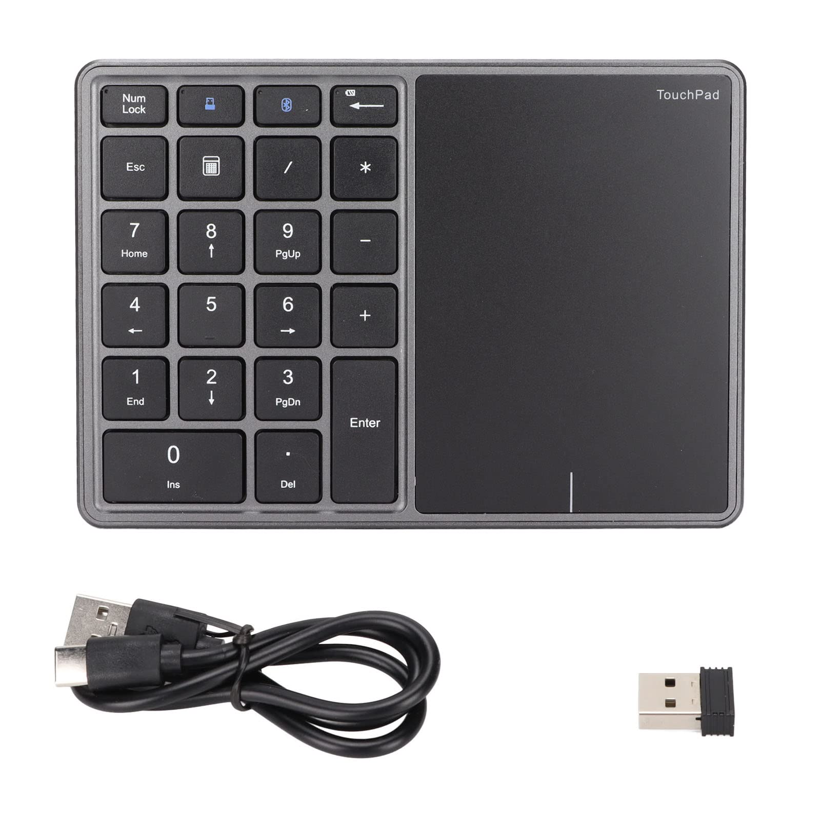 Wireless Numeric Keypad, 2.4G Ergonomic 7.5 Degree Angle External Numpad 10m Receiving Type C 22 Keys Number Pad with Touchpad for Laptop, PC, Tablet(Grey)