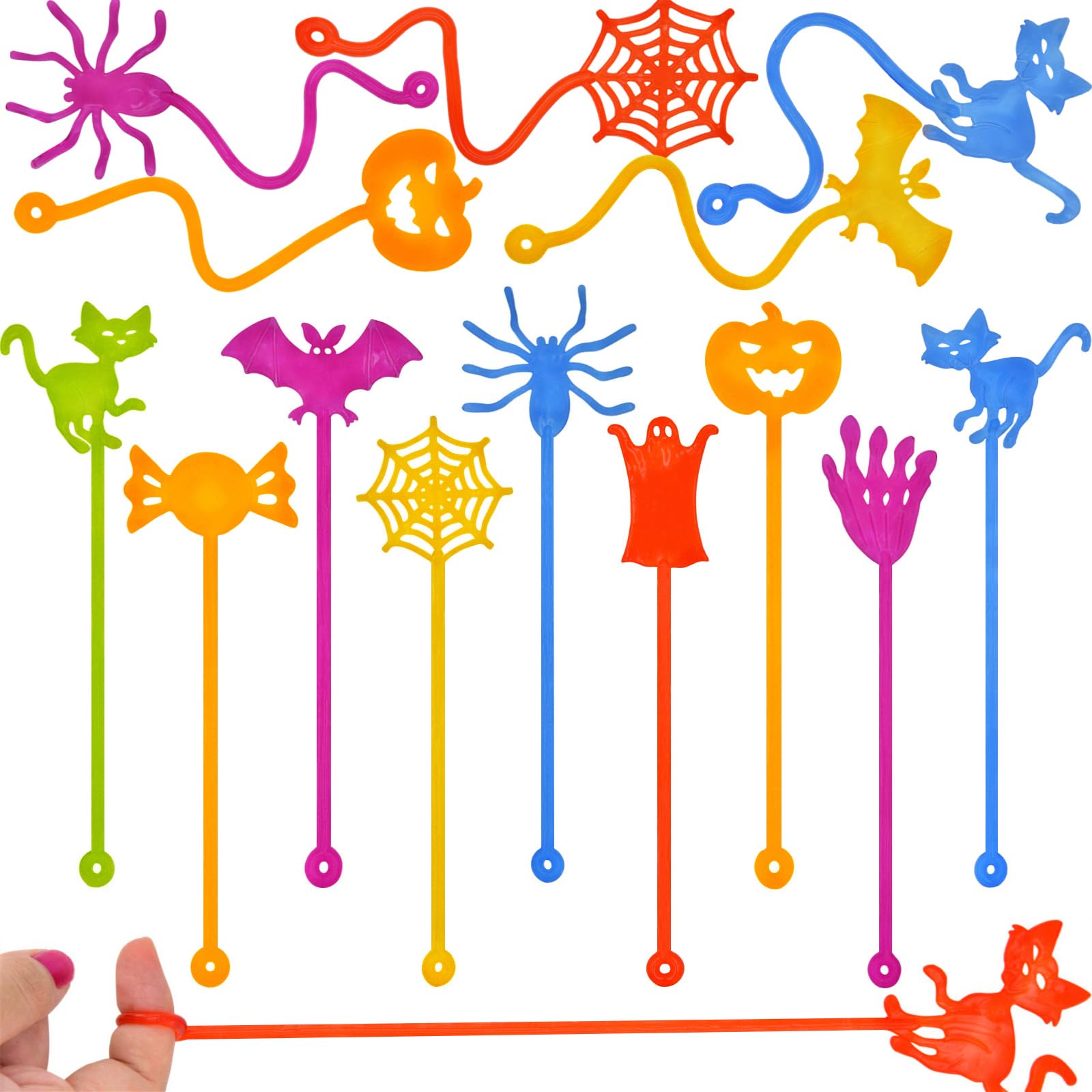 Photo 1 of Menzcci 24 Pack Halloween Sticky Hands Toys, 8 Styles Pumpkin Spider Bat Cat Ghost Candy Sticky Stretchy Toys for Kids Boys Girls Halloween Treat Bags Goodie Bags Stuffers Halloween Party Favors Gifts