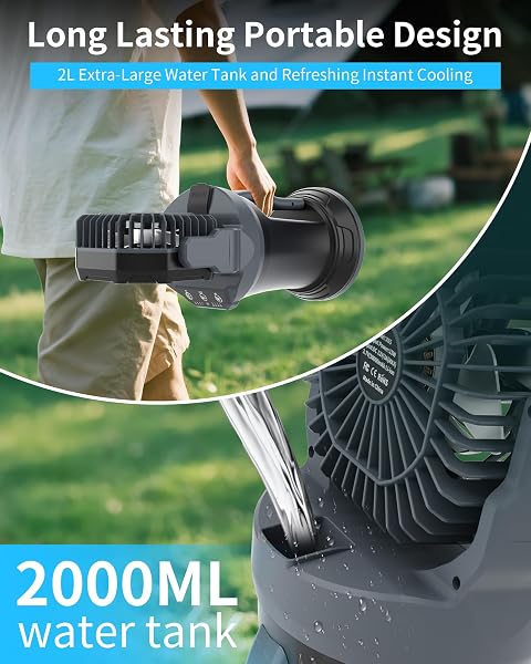 AVV PORTABLE MISTING FAN WITH RGB AMBIENT LIGHT- 2L WATER TANK, 4 SPEEDS & SPRAY MIST FAN, 30000MAH RECHARGEABLE MISTING FANS FOR OUTDOOR/INDOOR FANS FOR CAMPING, PATIO, GARDEN, GREY-BLACK