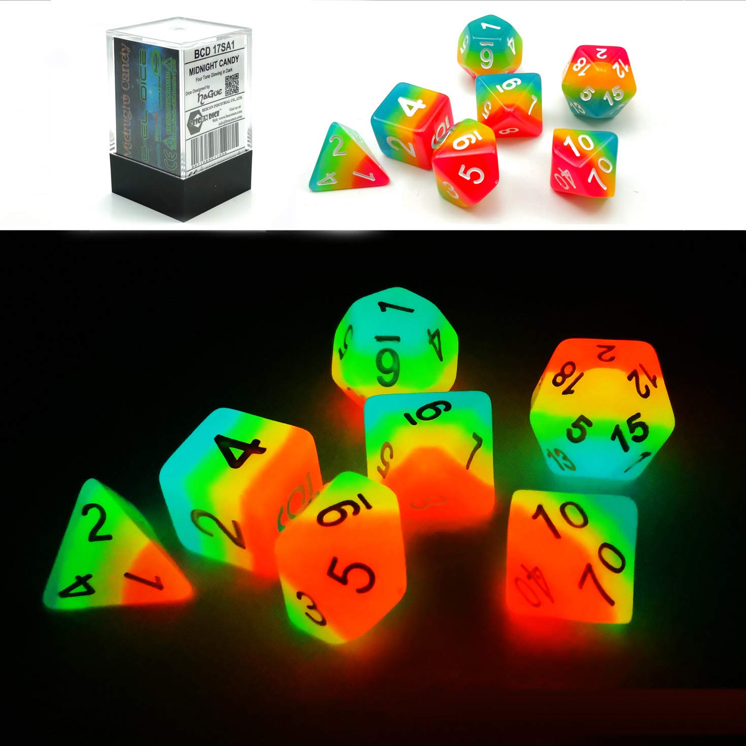Bescon Fantasy Rainbow Glowing Polyhedral Dice 7pcs Set MIDNIGHT CANDY, Luminous RPG Dice Set Glow in Dark, Novelty DND Game Dice d4 d6 d8 d10 d12 d20 d% in Brick Box