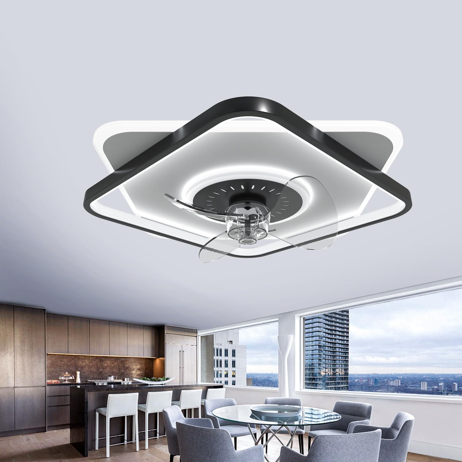 Photo 1 of FRIXCHUR Low Profile Ceiling Fans with Lights and Remote, Fandelier Ceiling Fan Flush Mount, 3000K-6000K Smart Bladeless LED Fan Light, Modern Ceiling Fans with Lights for Bedroom