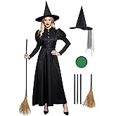 Clarisbelle Women Halloween Wizad Cosplay Wicked Gothic Witch Sorceress Costume Magician Long Sleeve Elpheba Adult Dress Black L