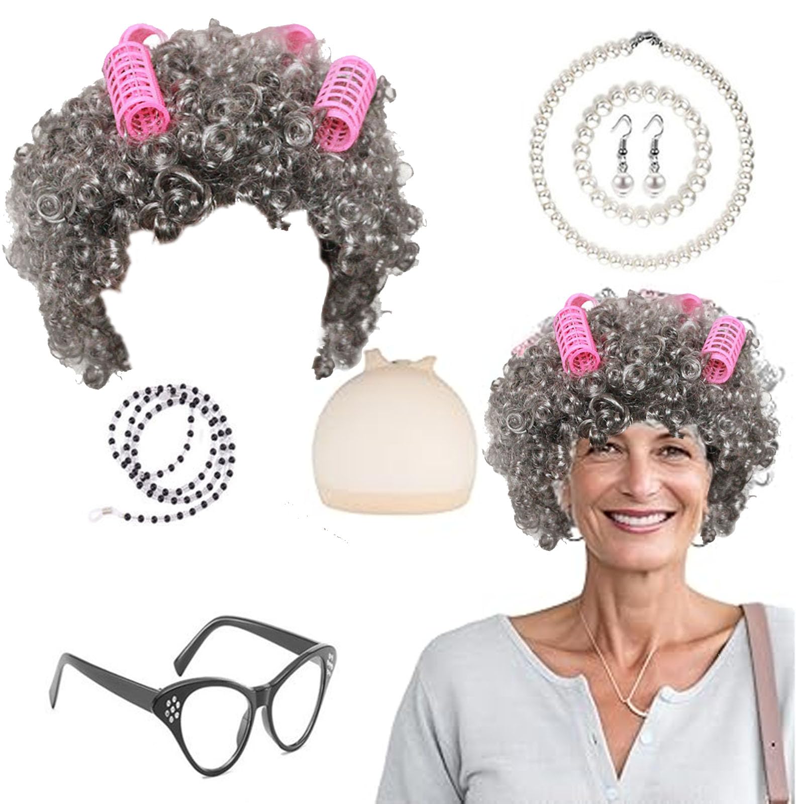 7 PCS Old Lady Costume Set, Grandmother Cosplay Accessory with Granny Wig, Wig Cap, Granny Glasses, Pearl Necklaces, Earrings, Bracelet, Cane (Lady2)