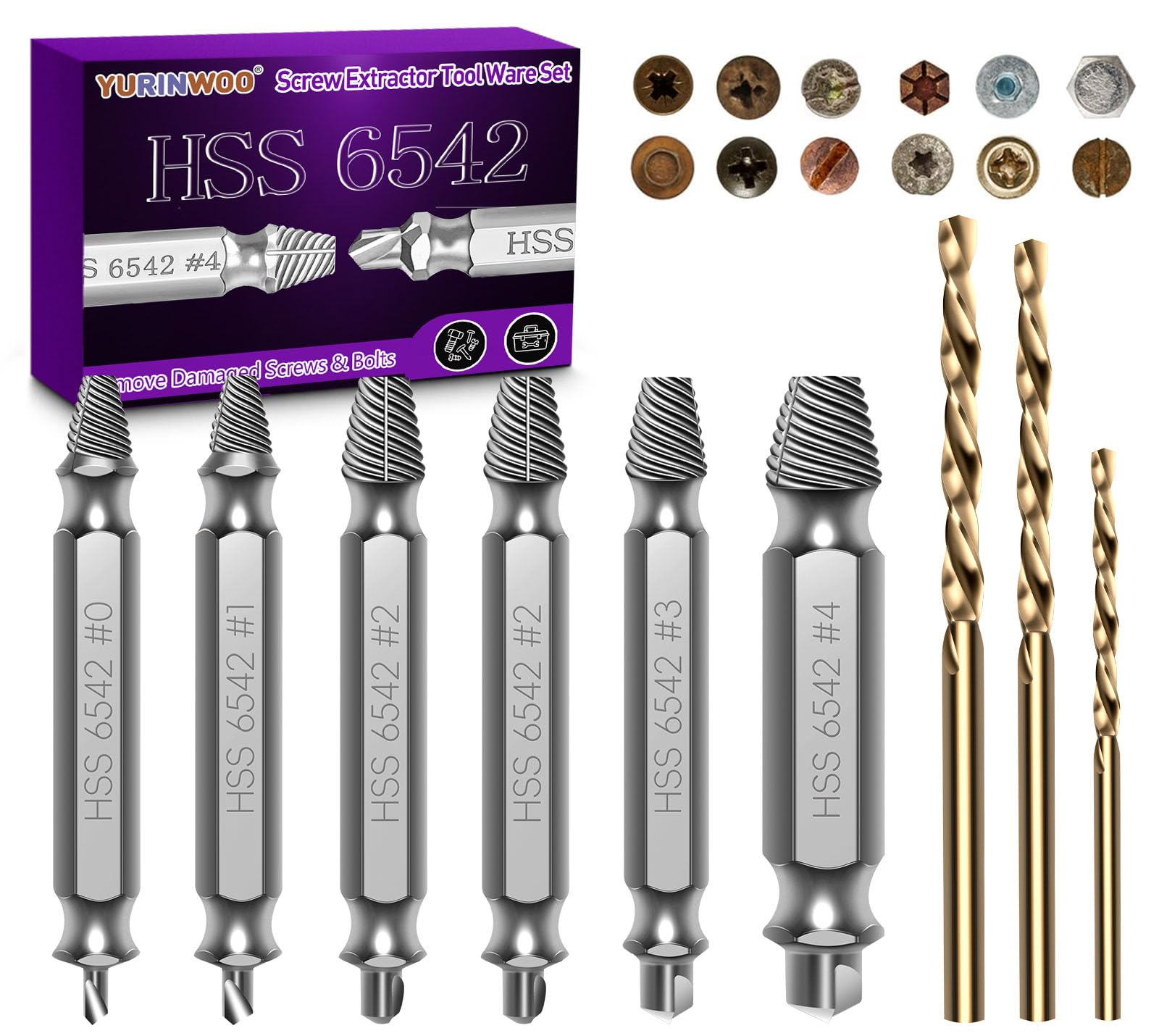 6 PCS Upgraded HSS 6542 Screw Extractor with 3 Twist Drill Bit, Hardness 63-65HRC, Double Ended for Damaged Broken Screws