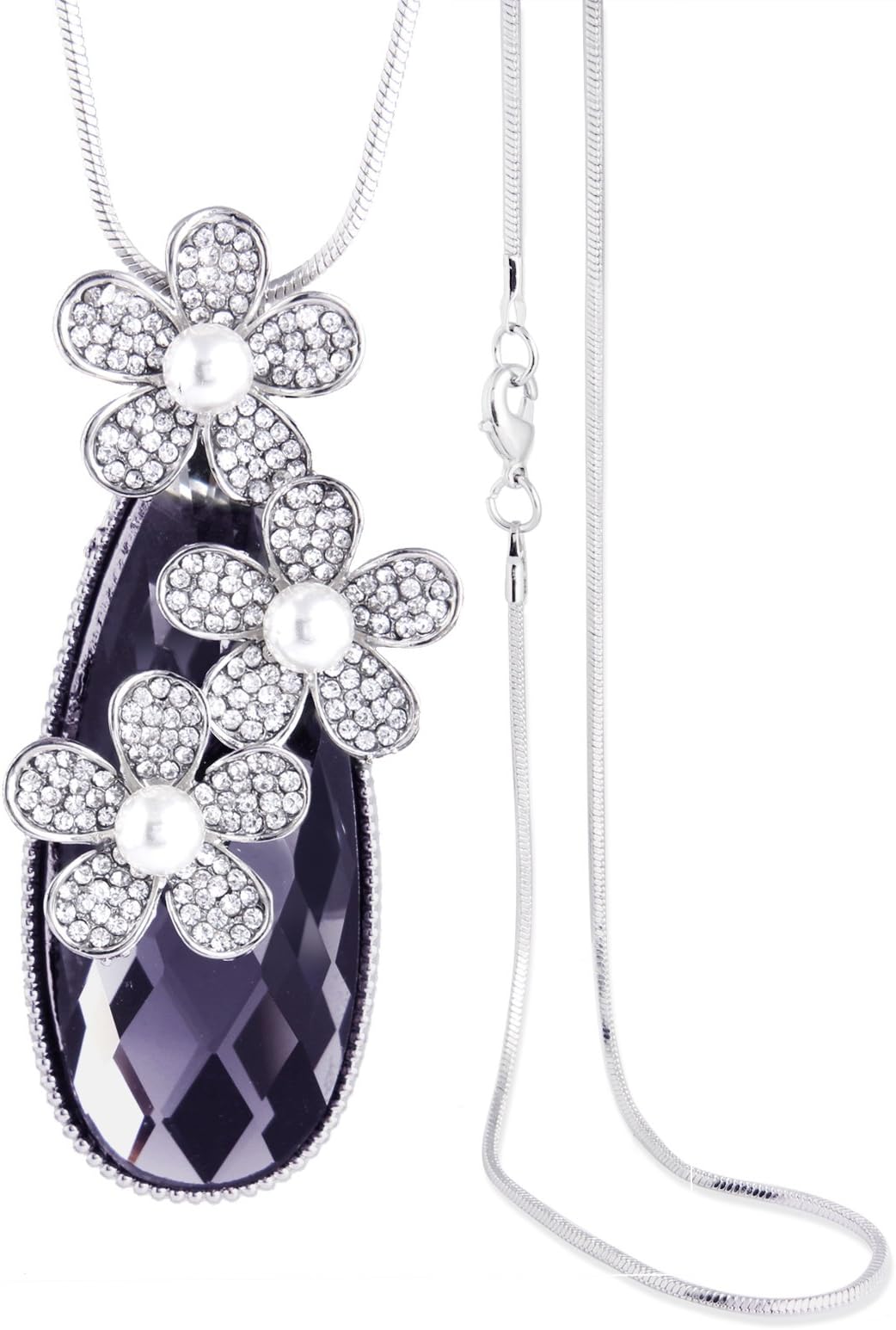ZIVOMFlower Crystal CZ Pearl Blue Rhodium Western Dress Sweater Long Chain Necklace For Girls Women