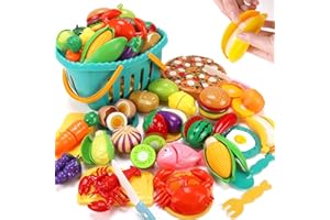KaeKid 70PCS Cutting Play Food Sets for Kids Kitchen, Pretend Play Kitchen Accessories with Basket, Cutting Fruit, Vegetable, Fast Food and Seafood, Gifts for Toddlers Boys Girls Age 3+