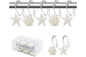 BEAVO Seashell Shower Curtain Hooks,12 Pcs Double Roller Glide Rust-Resistant Stainless Steel Decorative Shower Curtain Rings