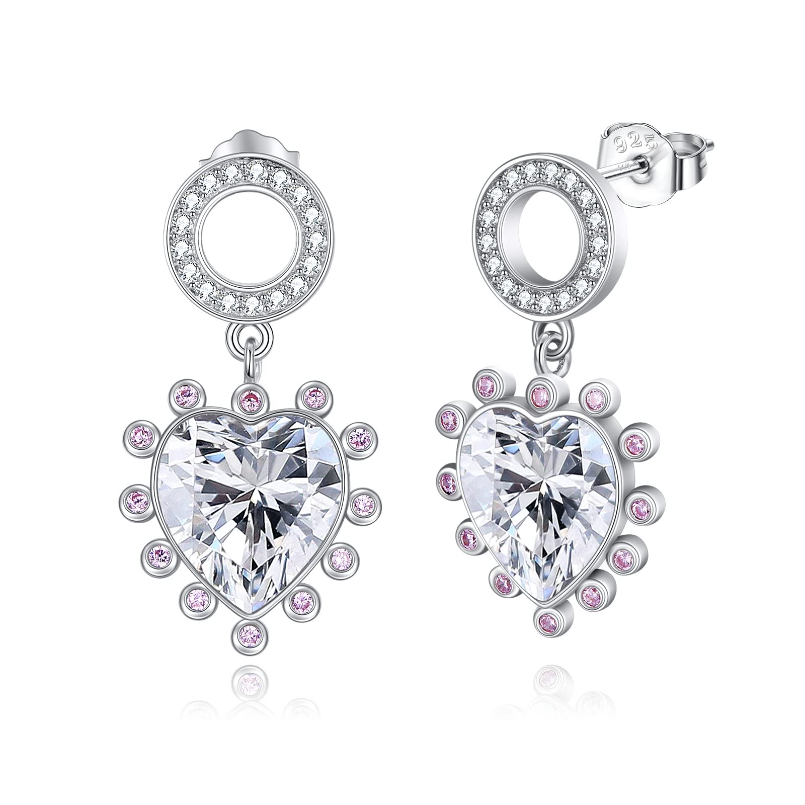 YFN Heart Earrings Sterling Silver Heart Crystal Drop Stud Earrings Gifts for Women