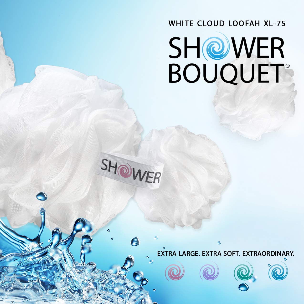Loofah Soft-White-Cloud Bath-Sponge XL-75g-Set by Shower Bouquet: 4 Pack, Extra Large Mesh Pouf for Men and Women - Exfoliate with Big Gentle Cleanse Scrubber in Beauty Bathing Accessories: Beauty